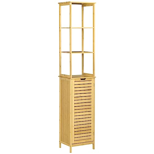 kleankin Badezimmerschrank Badschrank mit 3 offenen Fächer und 1 Schrank, Badmöbel Freistehender Hochschrank für Badezimmer, kleine Räume, Natur 34 x 30 x 173 cm von kleankin