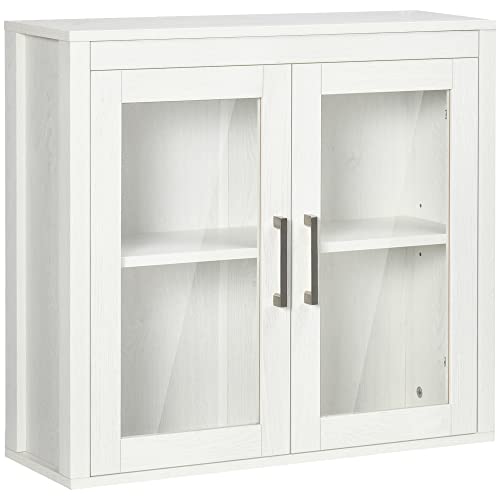 kleankin Badezimmerschrank Wandschrank mit 2 Glastüren Badschrank Mehrzweckschrank mit verstellbaren Regalebenen Aufbewahrungsschrank Spanplatte Weiß 60 x 19,5 x 54 cm von kleankin