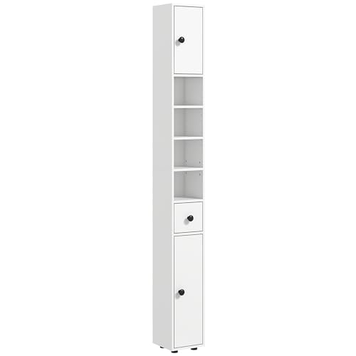 kleankin Badezimmerschrank schmal, Hochschrank Toilettenschrank mit Schublade und 4 offenen Fächern, Badschrank für kleine Räume Badezimmer, Wohnzimmer 20 x 20 x 180 cm Weiß von kleankin