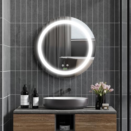 kleankin Badezimmerspiegel, Ø50 cm Badspiegel mit LED Beleuchtung, Dimmbar Wandspiegel mit Touch-Funktion, Memory-Funktion, Anti-Beschlag, IP44 von kleankin