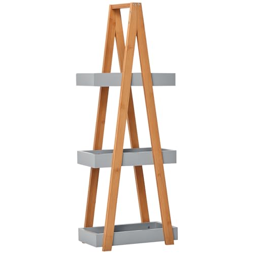 kleankin Badregal 3 Ebenen Treppenregal Leiterregal Badezimmer MDF Bambus Grau 30 x 18 x 81 cm von kleankin