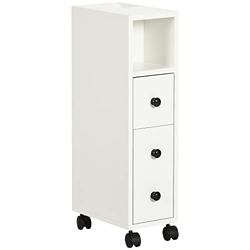 kleankin Badschrank Badezimmerschrank Badregal Kommode Standschrank Zwei Schubfächer offenes Fach Vier Räder Spanplatte Weiß 18x30x68,5 cm von kleankin
