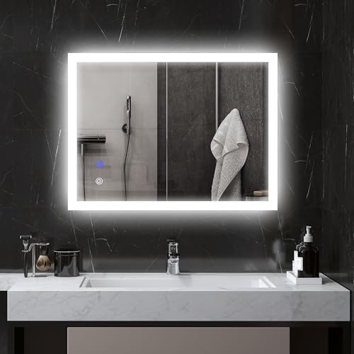 kleankin Badspiegel, Badezimmerspiegel mit LED-Beleuchtung, Lichtspiegel mit Touchschalter, Memory-Funktion, 80 x 60 cm beschlagfreier Wandspiegel mit 3 Lichtfarben, IP44 Wasserdicht von kleankin