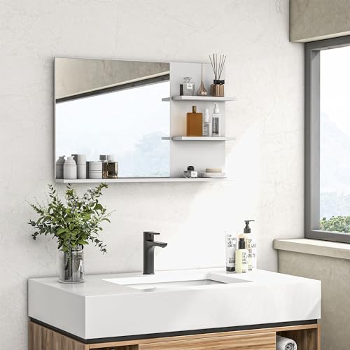 kleankin Badspiegel mit 2 Seitenablagen und unterer Ablage, Moderner Wandspiegel, MDF und Glas, 75x10x48 cm, Weiß kleankin Badspiegel mit 2 Seitenablagen und unterer Ablage, Moderner Wandspiegel, MDF und Glas, 75x10x48 cm, Weiß von kleankin