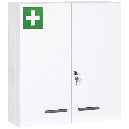 kleankin Medizinschrank, 2-türiger Medikamentenschrank mit 6 Einlegeböden, Apothekerschrank für Wandmontage, Abschließbarer Arzneischrank, Erste Hilfe Schrank, Stahl, Weiß, 55 x 18 x 60 cm von kleankin