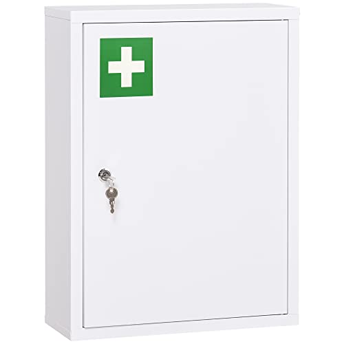 kleankin Medizinschrank, Apothekerschrank mit 3 Fächern, Medikamentenschrank, Abschließbarer Erste Hilfe Schrank mit 2 Schlüsseln, Stahl, Weiß, 40 x 15 x 53,5 cm von kleankin