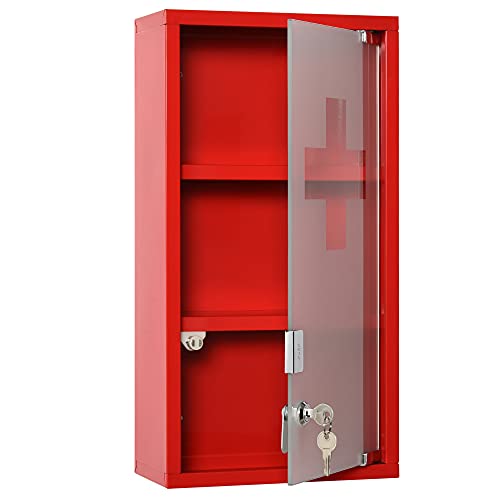 kleankin Medizinschrank Arzneischrank Erste-Hilfe-Schrank mit Schloss 3 Fächer Metall Rot 25 x 12 x 48 cm von kleankin