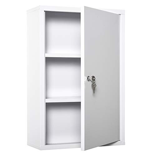 kleankin Medizinschrank Arzneischrank zur Medikamenten-Aufbewahrung, Abschließbar Medikamentenschrank Metall mit 3 Fächern Erste-Hilfe-Schrank, 40 x 18 x 60 cm, Weiß von kleankin