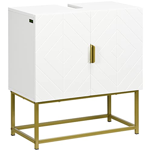 kleankin Moderner Waschbeckenunterschrank, freistehender Waschbeckenunterschrank, platzsparender Waschbeckenschrank aus Holz mit 2 Türen und goldfarbenen Stahlbeinen, 60 x 30 x 65 cm, Weiß von kleankin
