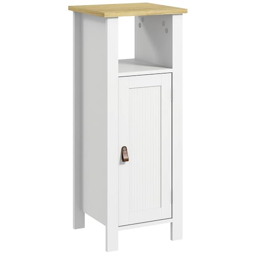 kleankin Slim Bathroom Storage Unit mit offenem Regal, Badezimmerschrank mit Perlwandtür und verstellbarem Regal, 32 x 30 x 80 cm, Weiß von kleankin