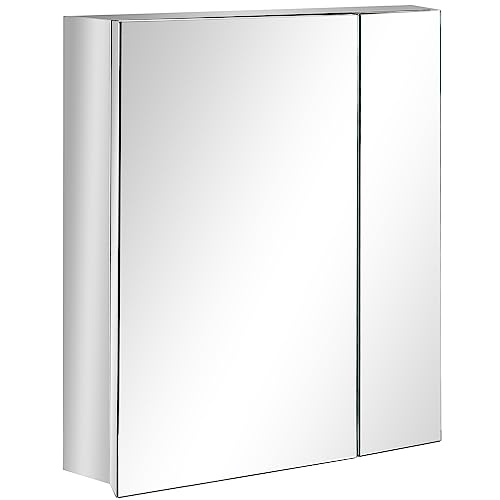 kleankin Spiegelschrank, Badspiegelschrank mit 3 Innenböden, Hängeschrank mit Doppeltür, Wandschrank für Badezimmer, Schlafzimmer, Edelstahl, Silber, 54 x 13 x 60 cm von kleankin