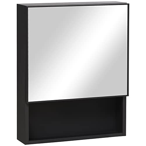 kleankin Spiegelschrank, Hängeschrank, Badezimmerschrank mit Spiegeltür, Badschrank, Aufbewahrungsschrank mit 2 Innenböden und 1 offenem Regal, Wandschrank, Edelstahl, Glas, Schwarz, 46 x 13,5 x 58 cm von kleankin