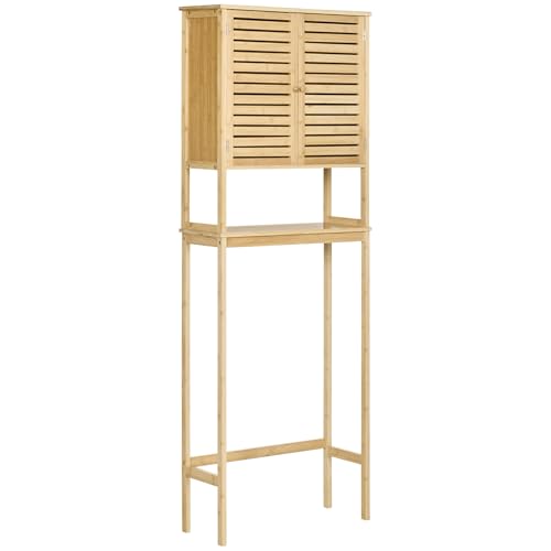 kleankin Toilettenregal Badezimmermöbel Toilettenoberteil WC mit 2-türigem Schrank und offenem Regal 60 x 23 x 173 cm Bambus von kleankin