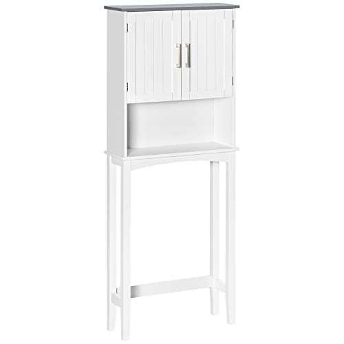 kleankin WC-Möbel Toilettenaufsatz Toilettenmöbel WC-Aufbewahrung Badezimmermöbel mit zweitürigem Schrank, verstellbarem Regal und offenen Fächern, 64 x 22 x 165 cm, weiß von kleankin