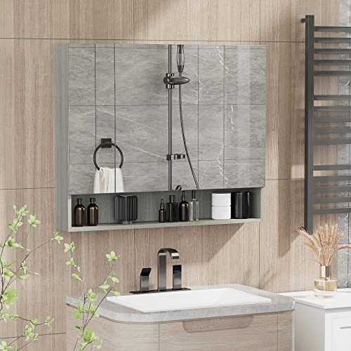 kleankin Wandschrank Badezimmer mit Spiegel, 90 x 15 x 75 cm, Badezimmermöbel, Spiegelschrank mit 3 Spiegeltüren, offenem Fach und verstellbaren Regalen, grau von kleankin