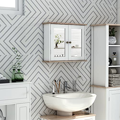 kleankin Wandschrank mit Spiegel für Badezimmer 2 Ebenen mit 1 verstellbaren Regal und 2 Holztüren- ABM. 56I x 14T x 46H cm von kleankin