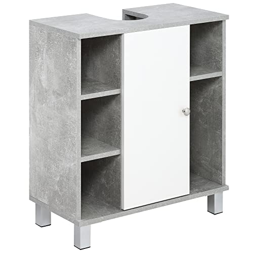 kleankin Waschbeckenunterschrank Badezimmerschrank Waschtischunterschrank mit Schrank Regale verstellbar U-förmiger Ausschnitt Spanplatte Grau+Weiß 60 x 30 x 68 cm von kleankin