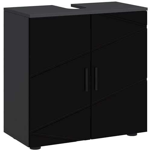 kleankin Waschbeckenunterschrank mit 2 Türen, Badezimmerunterschrank aus Holz mit verstellbarem Einlegeboden, 60x30x60cm, Schwarz und Dunkelgrau von kleankin