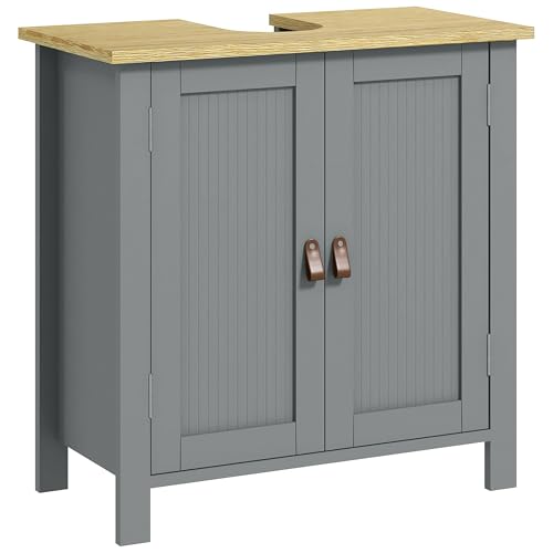 kleankin Waschbeckenunterschrank mit 2 Türen und verstellbaren Einlegeböden, 2 Etagen innen, PU-Griffe, 60 x 30 x 60 cm, Grau von kleankin