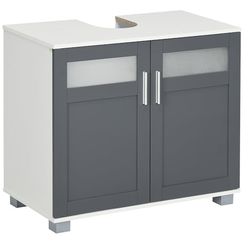 kleankin Waschtischunterschrank Waschtischunterschrank mit 2 Türen aus gehärtetem Glas und verstellbarem Einlegeboden 69x35x59 cm Weiß und Grau kleankin Waschtischunterschrank Waschtischunterschrank mit 2 Türen aus gehärtetem Glas und verstellbarem Einlegeboden 69x35x59 cm Weiß und Grau von kleankin