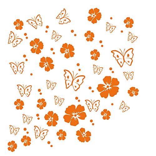 kleb-drauf | 19 Blüten, 19 Schmetterlinge und 42 Punkte | Orange - glänzend | Wandtattoo Wandaufkleber Wandsticker Aufkleber Sticker | Wohnzimmer Schlafzimmer Kinderzimmer Küche Bad | Deko Wände Glas Fenster Tür Fliese von kleb-drauf.de