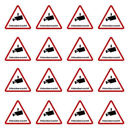 Kleberio® 16 selbstklebende Aufkleber Videoüberwachung - Achtung Videoüberwachung - 5 x 4,5 cm Hinweisschild Warnschild Kameraüberwachung Alarmanlage alarmgesichert Privatgrundstück verboten von kleberio