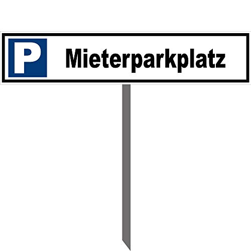 Kleberio® Parkplatz Schild 52 x 11 cm - Mieterparkplatz - mit Einschlagpfosten 0,75 Meter (75cm) und Montagematerial stabile Aluminiumverbundplatte von kleberio