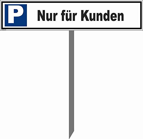 Kleberio® Parkplatz Schild 52 x 11 cm - Nur für Kunden - mit Einschlagpfosten 1 Meter (100cm) und Montagematerial stabile Aluminiumverbundplatte von kleberio
