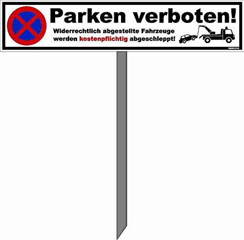Kleberio® Parkplatz Schild 52 x 11 cm - Parken verboten! - mit Einschlagpfosten 0,75 Meter (75cm) und Montagematerial stabile Aluminiumverbundplatte von kleberio