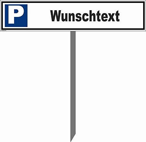 Kleberio® Parkplatz Schild 52 x 11 cm - Wunschtext (Farbe: schwarz) - mit Einschlagpfosten 0,75 Meter (75cm) und Montagematerial stabile Aluminiumverbundplatte von kleberio