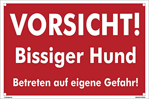 Kleberio® Warn Schild 30 x 20 cm - Vorsicht! Bissiger Hund Betreten auf eigene Gefahr - mit 4 Bohrlöchern (4mm) in den Ecken stabile Aluminiumverbundplatte von kleberio