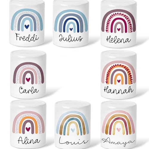 Personalisierte Kinder Spardose Regenbogen Rosa Lila Blau Aquarell mit Namen Wunschname und Datum -Geschenk für Jungen & Mädchen zum Geburtstag Weihnachten (Regenbogen 05) von kleinebuchstaben