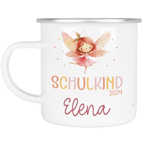 Schulkind 2024 2025 Tasse Emaille Becher Personalisiert mit Wunschnamen Kindertasse mit Namen zur Einschulung - Kindertasse zur Einschulung Kindergarten (Emaille Ballerina Fee Silber) von kleinebuchstaben