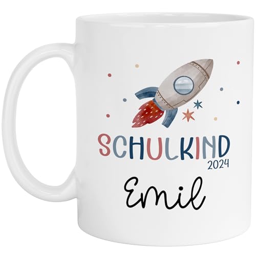 Schulkind 2024 2025 Tasse Emaille Becher Personalisiert mit Wunschnamen Kindertasse mit Namen zur Einschulung - Kindertasse zur Einschulung Kindergarten (Tasse Rakete Weiß) von kleinebuchstaben