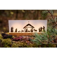 Krippe Holz Weihnachtskrippe Eiche Modern Mit 3 Teelichter + Bethlehem Motiv Geschenk Weihnachten Handarbeit Familie Kinder Krippefiguren von klotzaufklotz