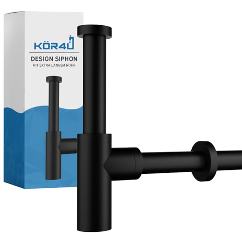 kör4u Design Siphon, 1 1/4 Zoll x 32mm, schwarz matt, Tassengeruchverschluss, Röhrengeruchsverschluss für Waschbecken, extra Lange Rohre, inkl. Dichtungen von kör4u