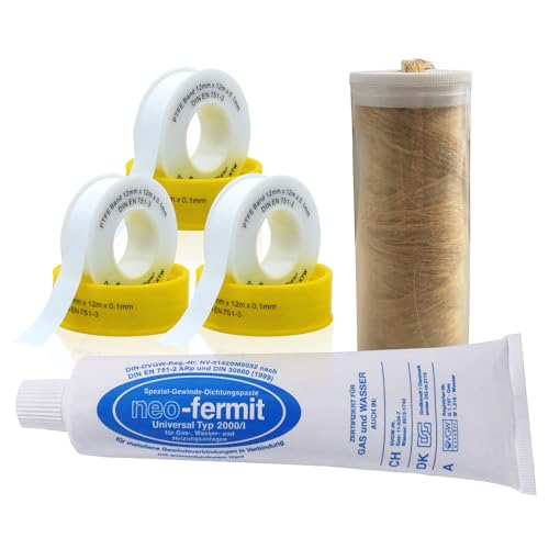 Sanitär Dichtungsset 5-teilig, Profi-set, 1x Neo Fermit Dichtungspaste, 1x Spender Flachs 40g, 3x PFTE Gewindedichtband by kör4u von kör4u