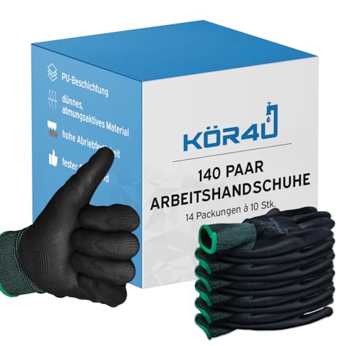 kör4u 140 Paar Arbeitshandschuhe, atmungsaktiv und beschichtet, als Schutzhandschuhe, Gartenhandschuhe Damen und Mechaniker Handschuhe geeignet, mit hochwertiger PU-Beschichtung, dünn und leicht von kör4u