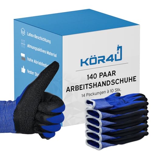 kör4u 140 Paar Arbeitshandschuhe, atmungsaktiv und beschichtet, als Schutzhandschuhe geeignet, guter Grip, mit hochwertiger Latex-Beschichtung, hoch elastisch von kör4u