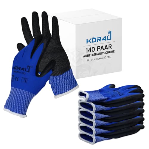 kör4u 140 Paar Arbeitshandschuhe, atmungsaktiv und beschichtet, als Schutzhandschuhe geeignet, guter Grip, mit hochwertiger Latex-Beschichtung, hoch elastisch kör4u 140 Paar Arbeitshandschuhe, atmungsaktiv und beschichtet, als Schutzhandschuhe geeignet, guter Grip, mit hochwertiger Latex-Beschichtung, hoch elastisch von kör4u