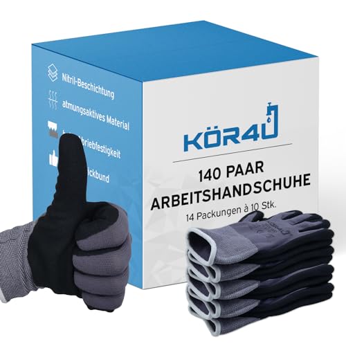 kör4u 140 Paar Arbeitshandschuhe Elite, atmungsaktiv und beschichtet, als Schutzhandschuhe, Gartenhandschuhe Damen und Mechaniker Handschuhe geeignet, hochwertige Nitril-Beschichtung, ölbeständig von kör4u