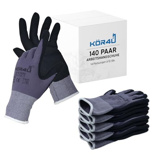 kör4u 140 Paar Arbeitshandschuhe Elite, atmungsaktiv und beschichtet, als Schutzhandschuhe, Gartenhandschuhe Damen und Mechaniker Handschuhe geeignet, hochwertige Nitril-Beschichtung, ölbeständig von kör4u