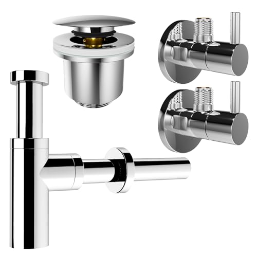 kör4u Design Set Siphon 1 1/4 Zoll x 32 mm, Pop-Up Ventil und 2x Eckventil, Ablaufventil mit Dichtungen, für Waschbecken (rund chrom) von kör4u