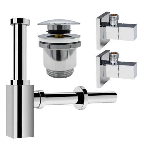 kör4u Design Set Siphon 1 1/4 Zoll x 32 mm, Pop-Up Ventil und 2x Eckventil, Ablaufventil mit Dichtungen, für Waschbecken (eckig chrom) von kör4u