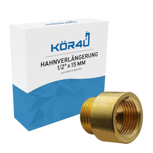 kör4u Hahnverlängerung Messing 1/2 Zoll x 15 mm, Gewindeverlängerung, Trinkwasser geeignet von kör4u