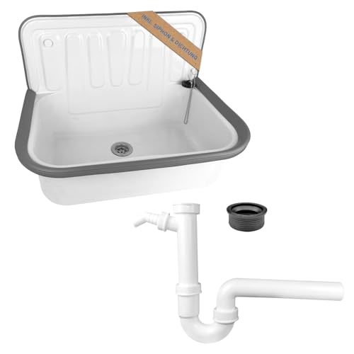 kör4u Komplettset Ausgussbecken weiß 50cm, aus robustem Stahl, inkl. Abflussstopfen, Kunststoff Siphon weiß 1 1/2 Zoll x 40mm, Gumminippel DN 40/50 von kör4u