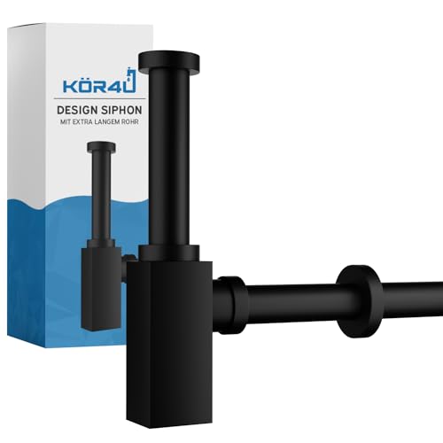 kör4u Premium Design Siphon 1 1/4 Zoll x 32mm, eckig schwarz matt, inkl. Dichtungen, Tassengeruchverschluss, Röhrengeruchsverschluss, für Waschbecken von kör4u