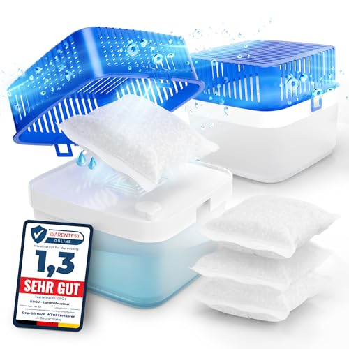 kogu® XXL 2 Stück Luftentfeuchter bis 75 m² Feuchtigkeits-Stopper inkl. 4x 400g Nachfüll Granulat – Raumentfeuchter nachfüllbar, Entfeuchter ohne Strom für Bad, Küche, Wohnung und Camper (1800ml) von kogu