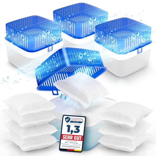 kogu® XXL 4 Stück Luftentfeuchter bis 75 m² Feuchtigkeits-Stopper inkl. 8x 400g Nachfüll Granulat – Raumentfeuchter nachfüllbar, Entfeuchter ohne Strom für Bad, Küche, Wohnung und Camper (1800ml) von kogu