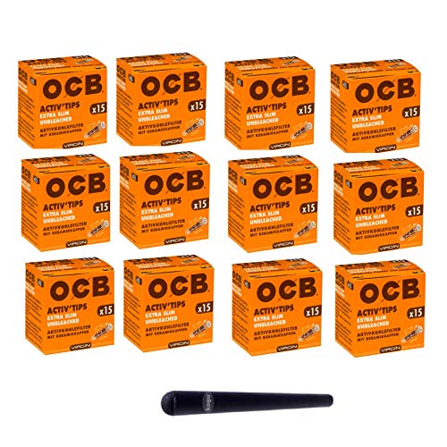 kogu Set OCB Activ Tips Unbleached Extra Slim, 6 mm Aktivkohlefilter Filtertips - inkl. J-Hülle (12x15er) von kogu